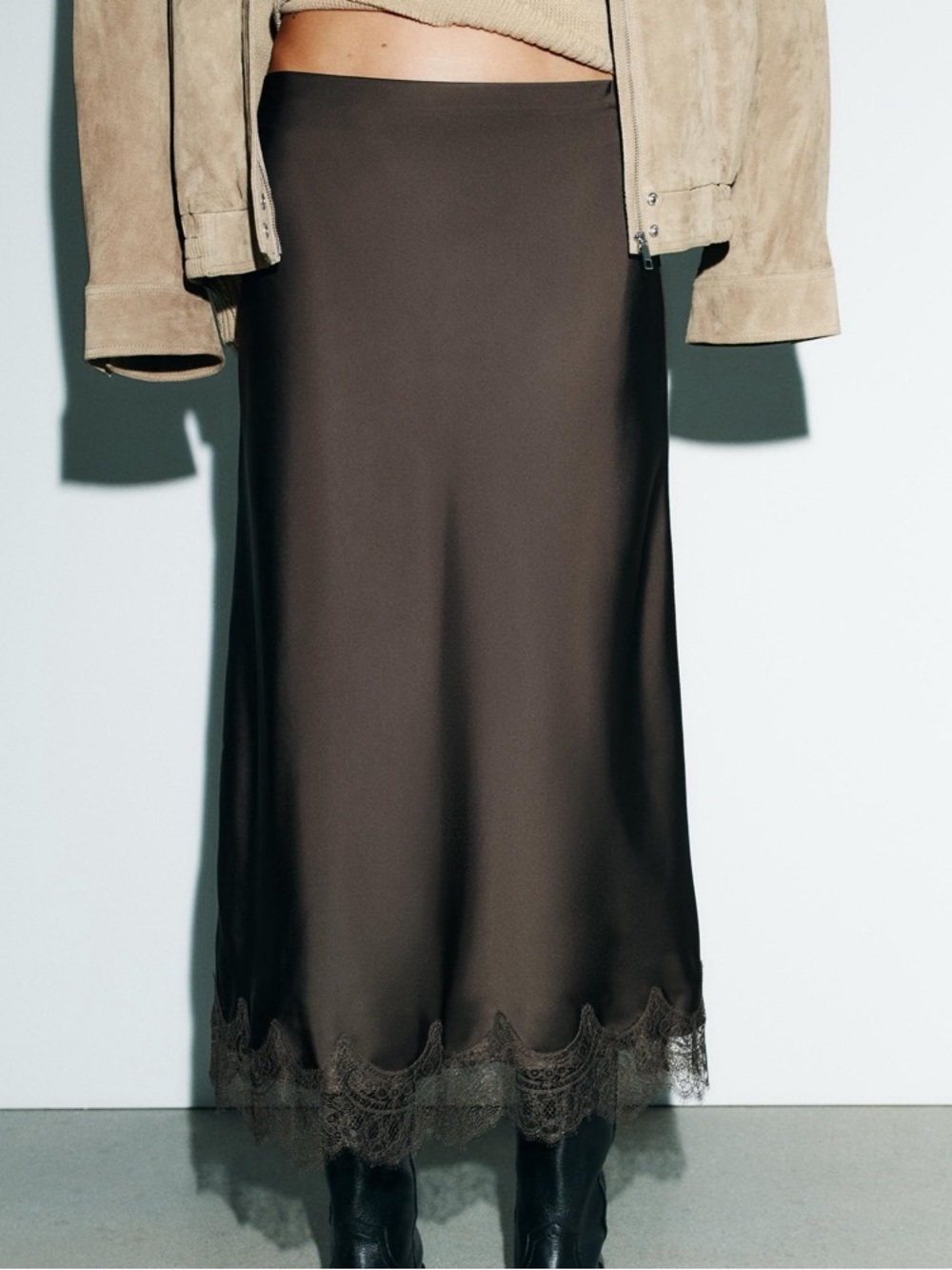 Zara Black Satin Lace-Hem Slip Skirt - Picture 6 of 8